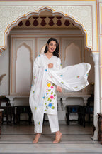 Juniper White Hand-Painted Floral Cotton Kurta With Palazzo & Lace Details | Grocsy