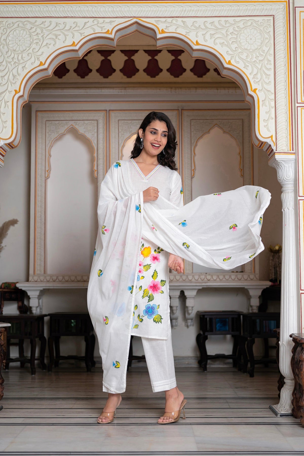 Juniper White Hand-Painted Floral Cotton Kurta With Palazzo & Lace Details | Grocsy