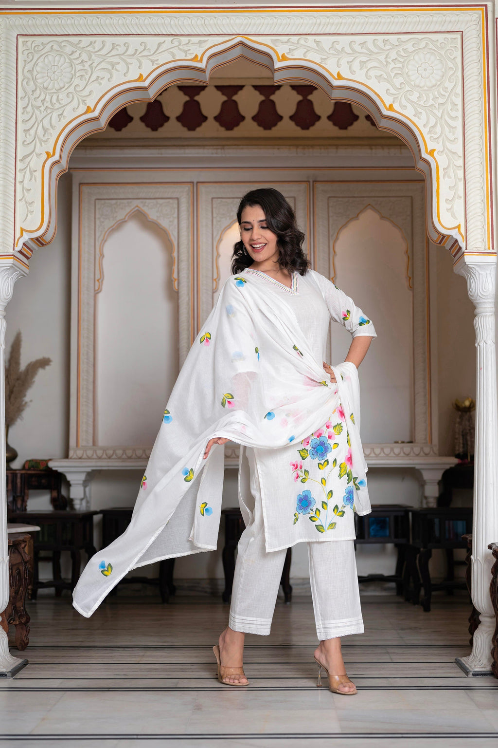Juniper White Hand-Painted Floral Cotton Kurta with Palazzo & Lace Details | Grocsy