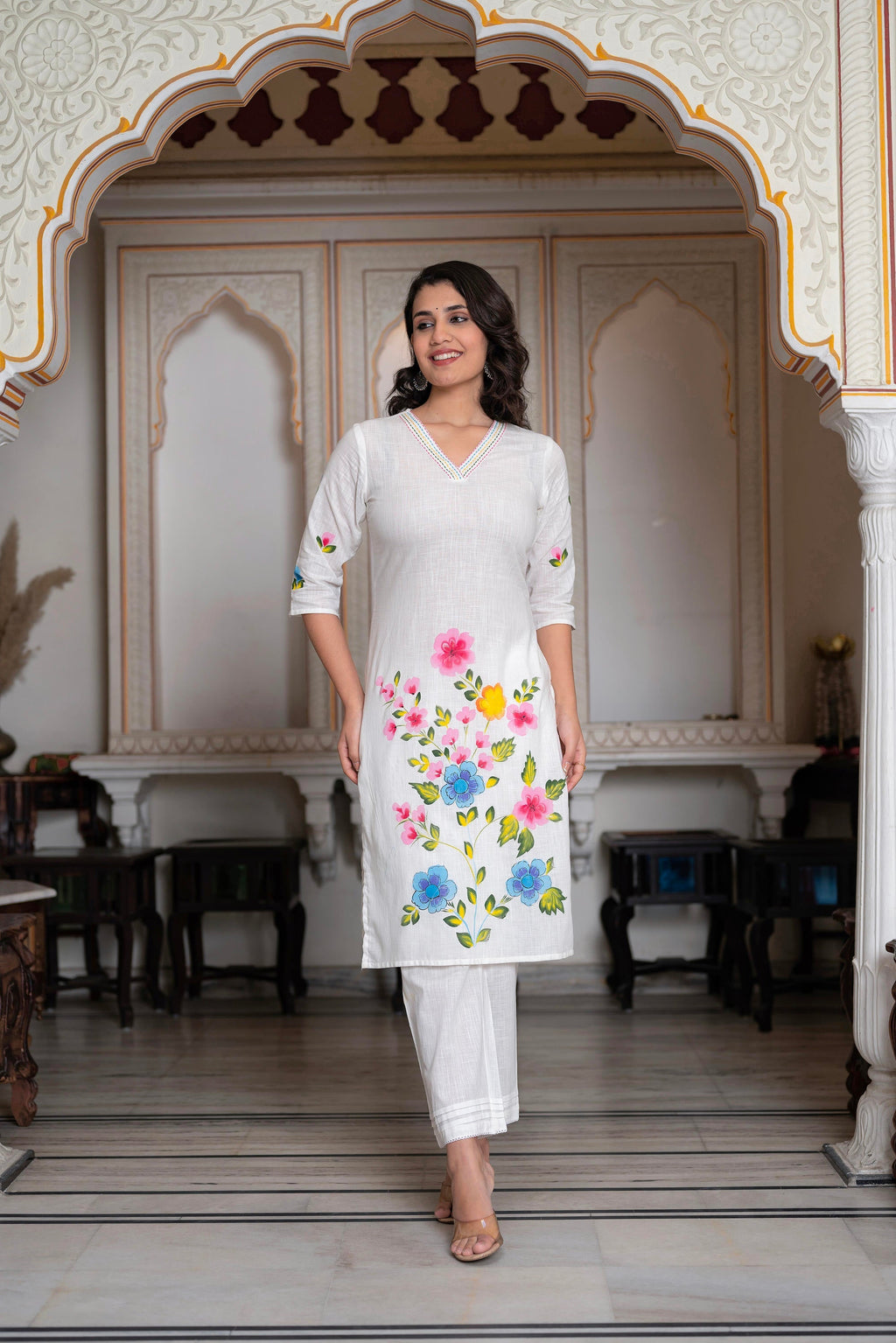 Juniper White Hand-Painted Floral Cotton Kurta with Palazzo & Lace Details | Grocsy
