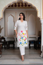 Juniper White Hand-Painted Floral Cotton Kurta with Palazzo & Lace Details | Grocsy