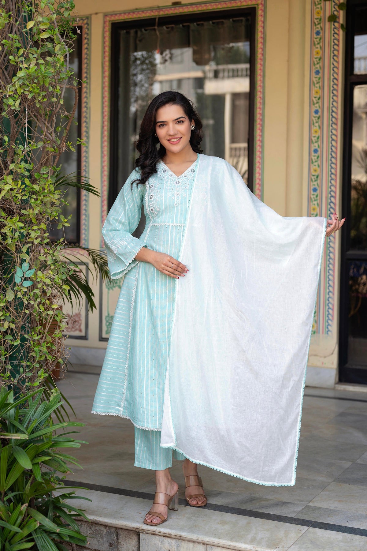 Juniper Mint Brocade Embroidered Kurta-Palazzo & Dupatta Set with Cotton Lace & Sequins | Grocsy