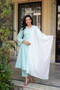Juniper Mint Brocade Embroidered Kurta-Palazzo & Dupatta Set With Cotton Lace & Sequins | Grocsy