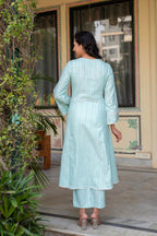 Juniper Mint Brocade Embroidered Kurta-Palazzo & Dupatta Set with Cotton Lace & Sequins | Grocsy