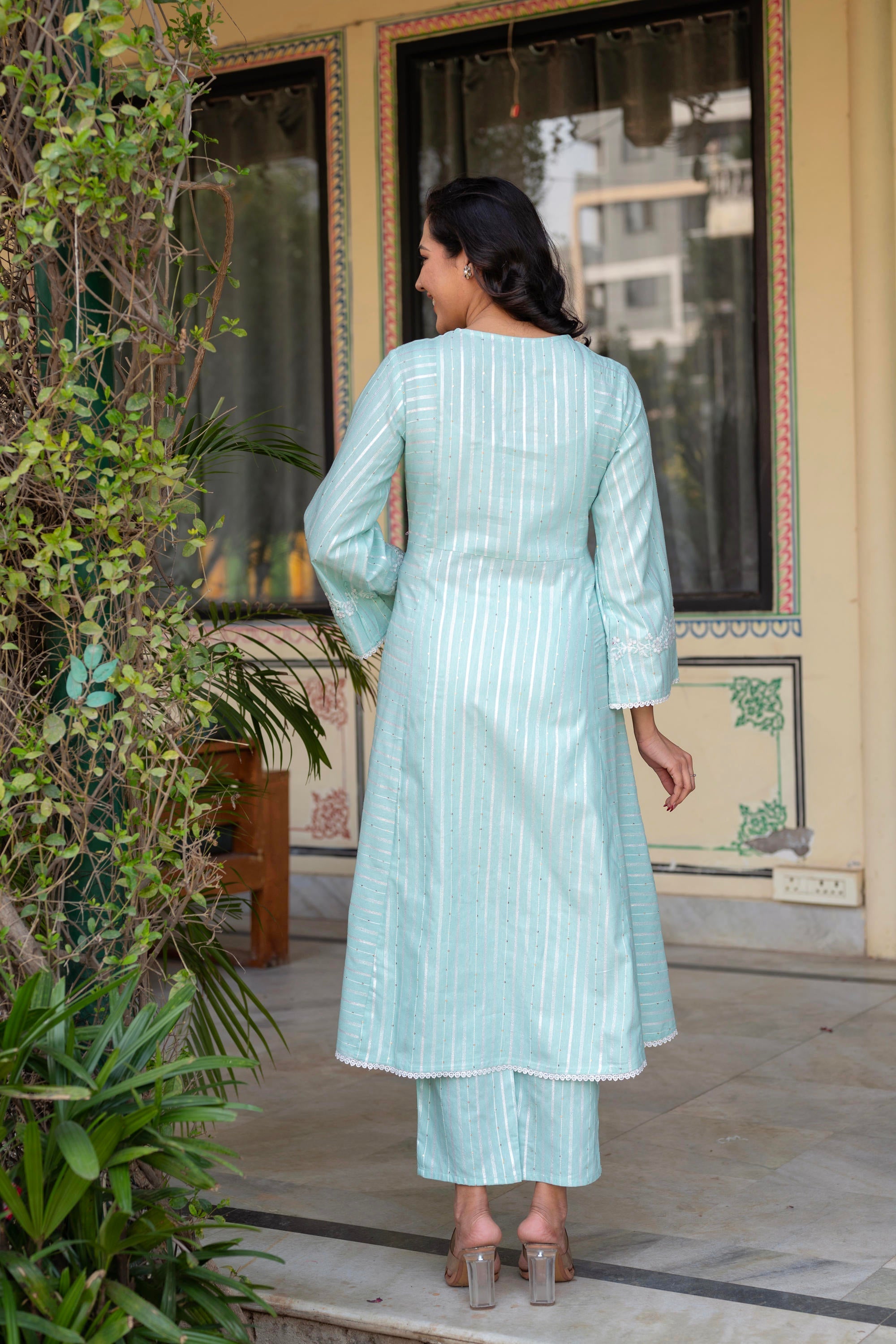 Juniper Mint Brocade Embroidered Kurta-Palazzo & Dupatta Set with Cotton Lace & Sequins | Grocsy