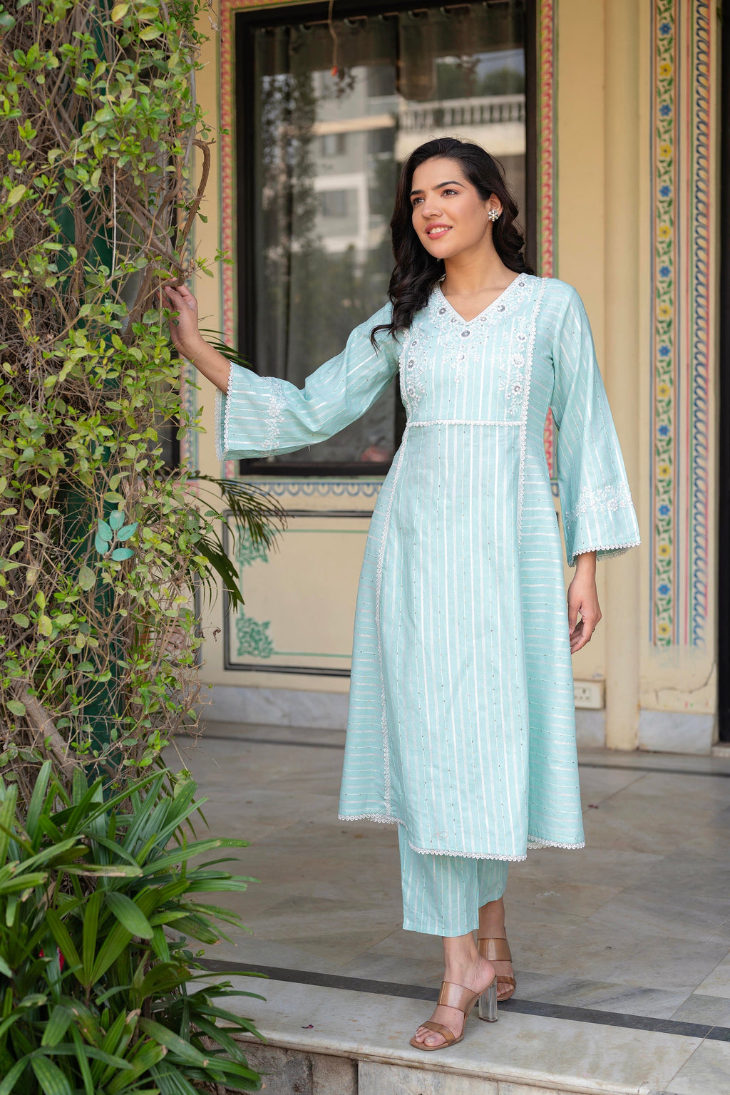 Juniper Mint Brocade Embroidered Kurta-Palazzo & Dupatta Set with Cotton Lace & Sequins | Grocsy