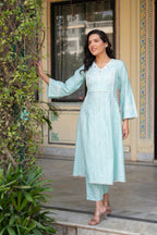 Juniper Mint Brocade Embroidered Kurta-Palazzo & Dupatta Set with Cotton Lace & Sequins | Grocsy