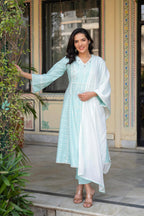 Juniper Mint Brocade Embroidered Kurta-Palazzo & Dupatta Set with Cotton Lace & Sequins | Grocsy