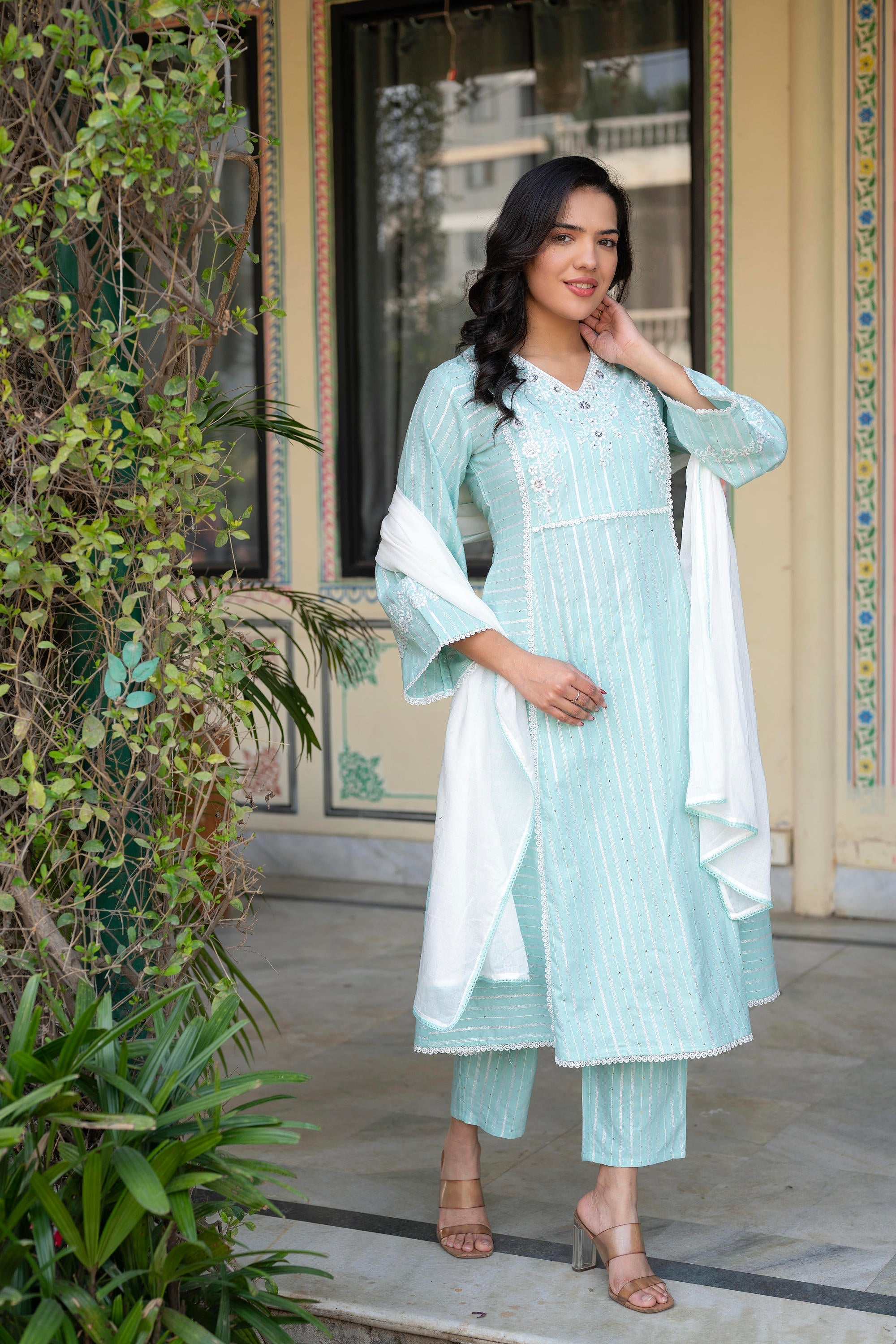 Juniper Mint Brocade Embroidered Kurta-Palazzo & Dupatta Set With Cotton Lace & Sequins | Grocsy