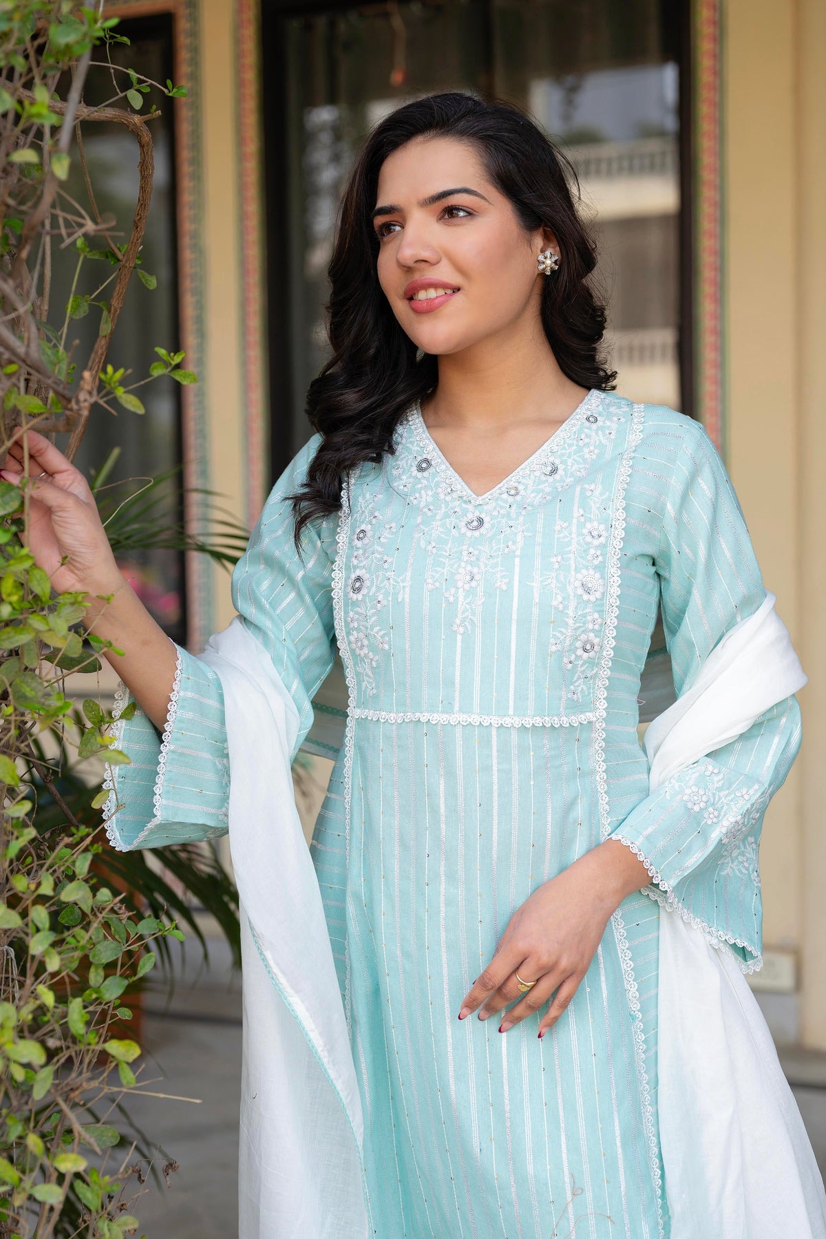 Juniper Mint Brocade Embroidered Kurta-Palazzo & Dupatta Set with Cotton Lace & Sequins | Grocsy