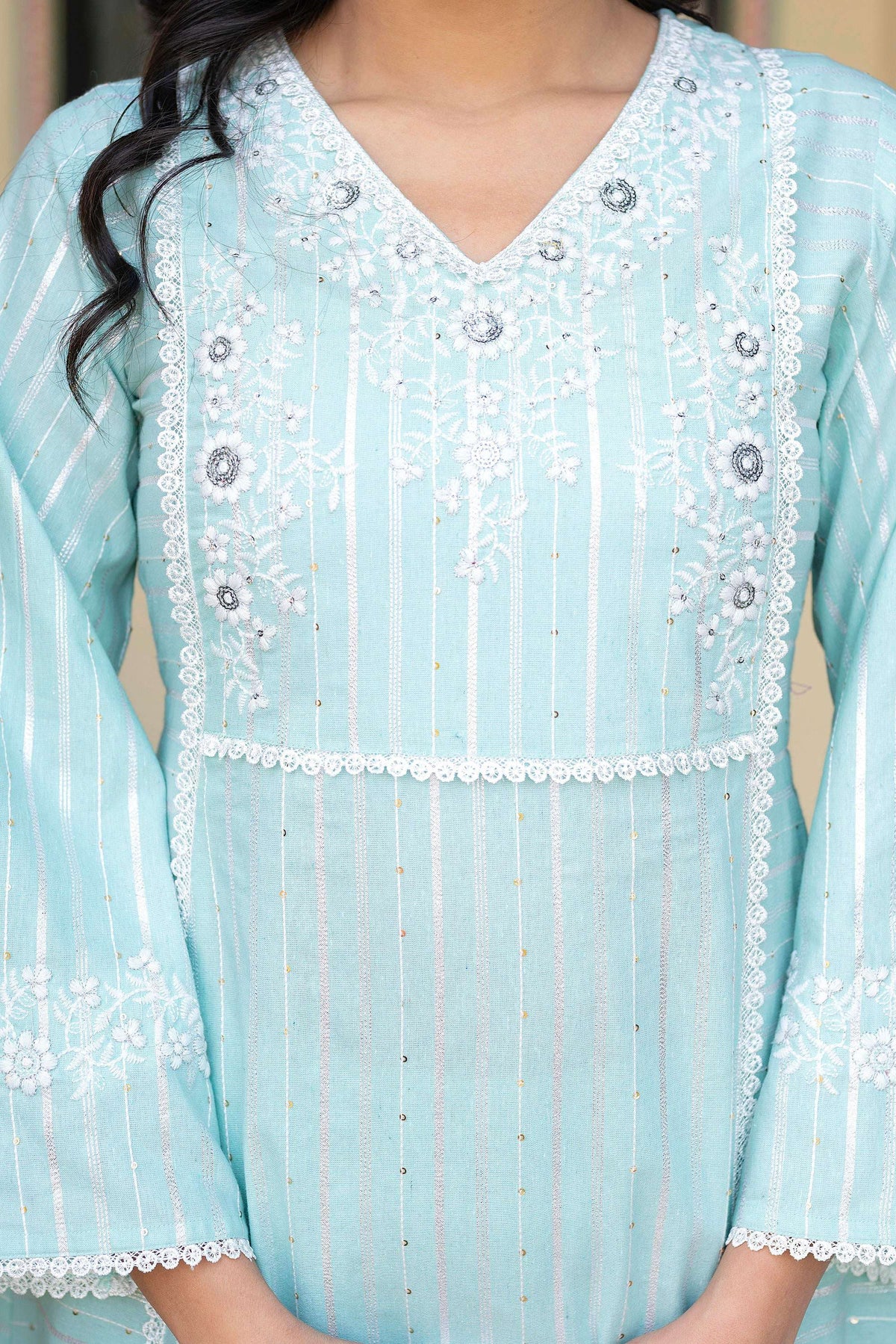 Juniper Mint Brocade Embroidered Kurta-Palazzo & Dupatta Set with Cotton Lace & Sequins | Grocsy