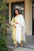 Juniper Mustard Brocade Embroidered Kurta-Palazzo & Dupatta Set with Thread Work, Cotton Lace & Sequins | Grocsy