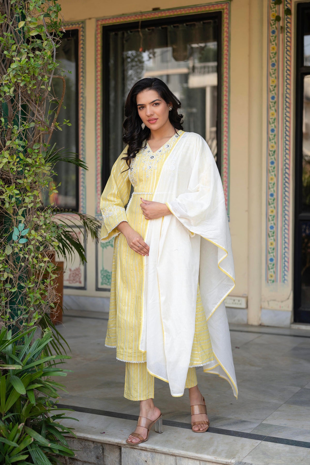 Juniper Mustard Brocade Embroidered Kurta-Palazzo & Dupatta Set with Thread Work, Cotton Lace & Sequins | Grocsy