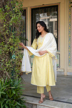 Juniper Mustard Brocade Embroidered Kurta-Palazzo & Dupatta Set with Thread Work, Cotton Lace & Sequins | Grocsy