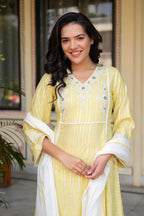 Juniper Mustard Brocade Embroidered Kurta-Palazzo & Dupatta Set with Thread Work, Cotton Lace & Sequins | Grocsy
