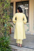 Juniper Mustard Brocade Embroidered Kurta-Palazzo & Dupatta Set with Thread Work, Cotton Lace & Sequins | Grocsy