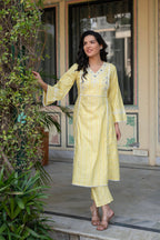Juniper Mustard Brocade Embroidered Kurta-Palazzo & Dupatta Set with Thread Work, Cotton Lace & Sequins | Grocsy