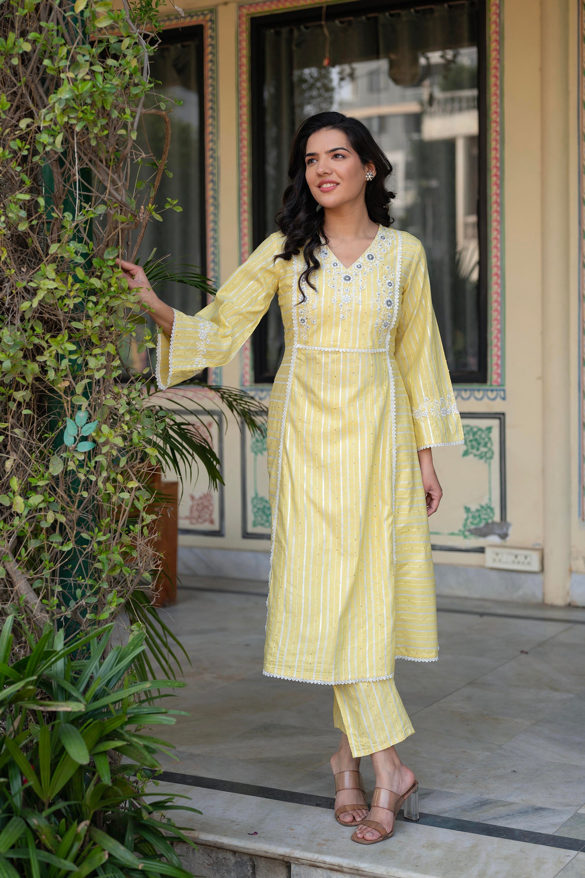 Juniper Mustard Brocade Embroidered Kurta-Palazzo & Dupatta Set with Thread Work, Cotton Lace & Sequins | Grocsy