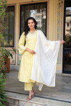Juniper Mustard Brocade Embroidered Kurta-Palazzo & Dupatta Set with Thread Work, Cotton Lace & Sequins | Grocsy