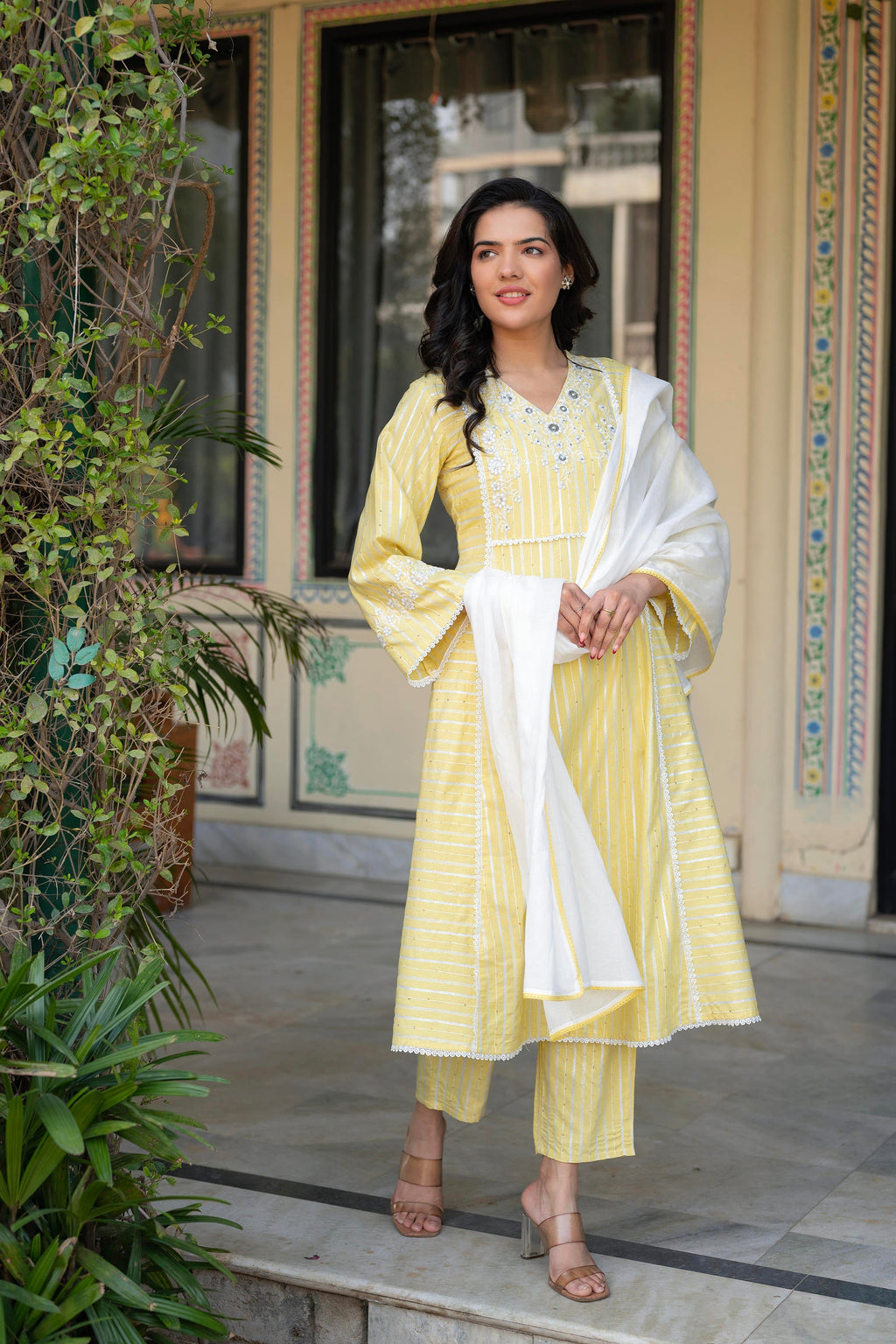 Juniper Mustard Brocade Embroidered Kurta-Palazzo & Dupatta Set with Thread Work, Cotton Lace & Sequins | Grocsy