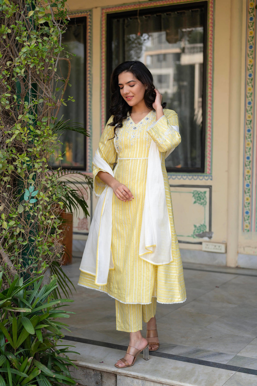 Juniper Mustard Brocade Embroidered Kurta-Palazzo & Dupatta Set with Thread Work, Cotton Lace & Sequins | Grocsy