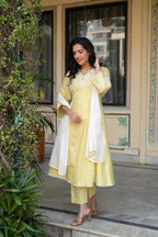 Juniper Mustard Brocade Embroidered Kurta-Palazzo & Dupatta Set with Thread Work, Cotton Lace & Sequins | Grocsy