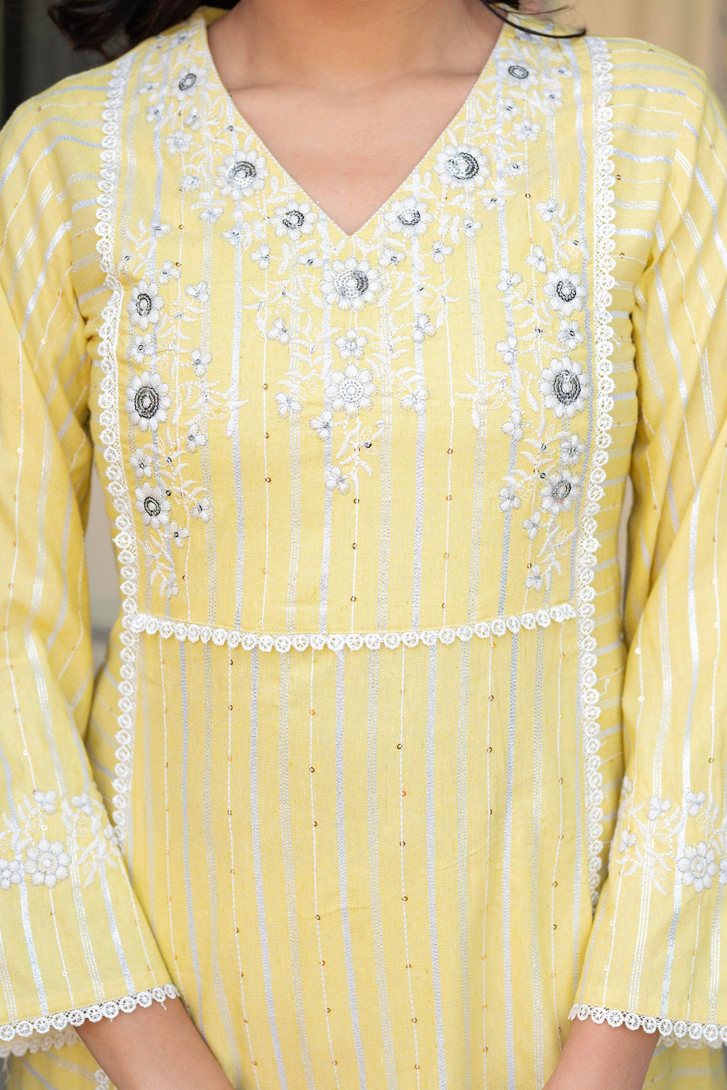 Juniper Mustard Brocade Embroidered Kurta-Palazzo & Dupatta Set with Thread Work, Cotton Lace & Sequins | Grocsy