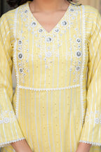 Juniper Mustard Brocade Embroidered Kurta-Palazzo & Dupatta Set with Thread Work, Cotton Lace & Sequins | Grocsy