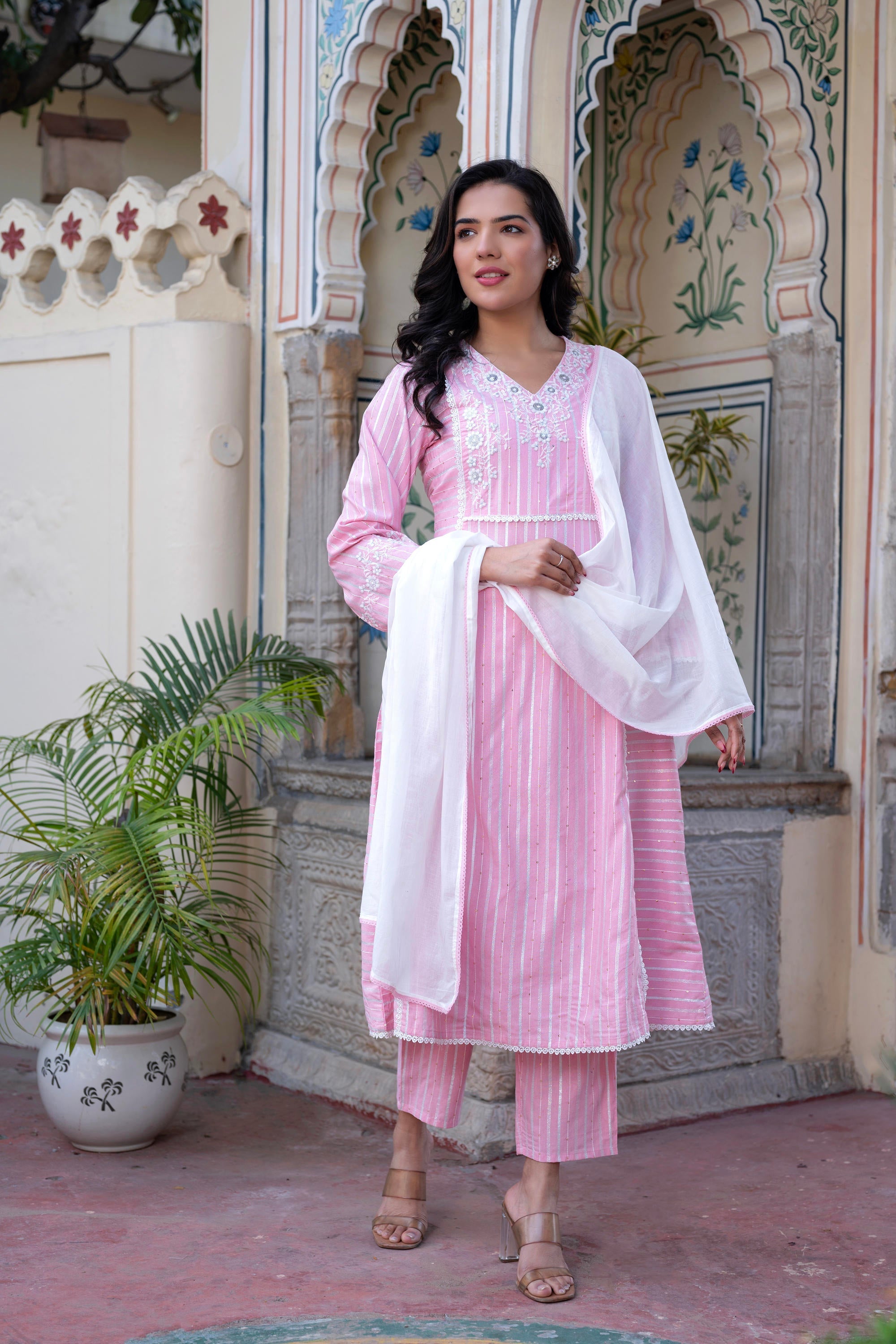 Juniper Pink Brocade Embroidered Kurta-Palazzo & Dupatta Set with Thread Work, Cotton Lace & Sequins | Grocsy