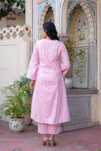 Juniper Pink Brocade Embroidered Kurta-Palazzo & Dupatta Set with Thread Work, Cotton Lace & Sequins | Grocsy