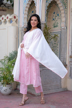 Juniper Pink Brocade Embroidered Kurta-Palazzo & Dupatta Set with Thread Work, Cotton Lace & Sequins | Grocsy