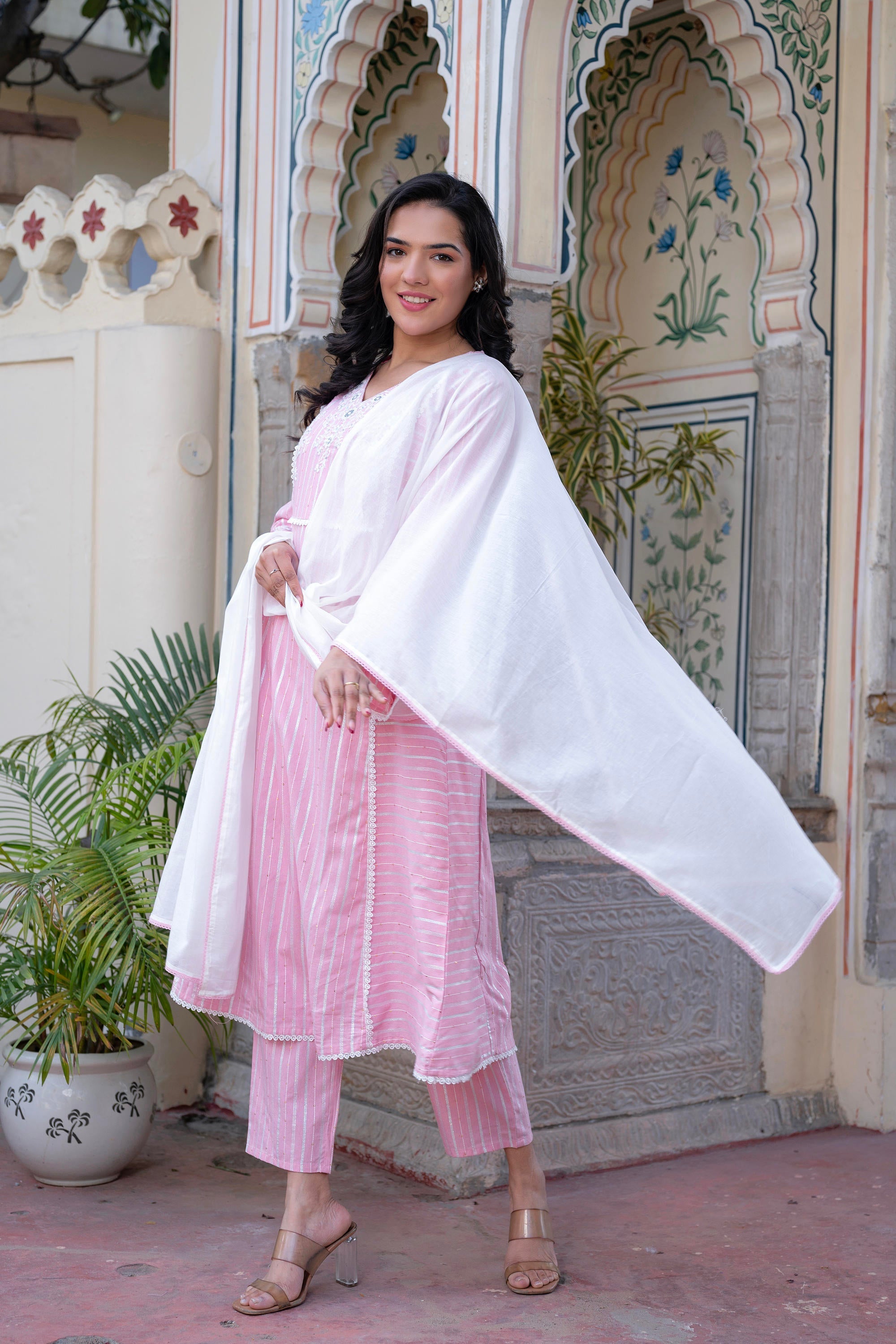Juniper Pink Brocade Embroidered Kurta-Palazzo & Dupatta Set with Thread Work, Cotton Lace & Sequins | Grocsy