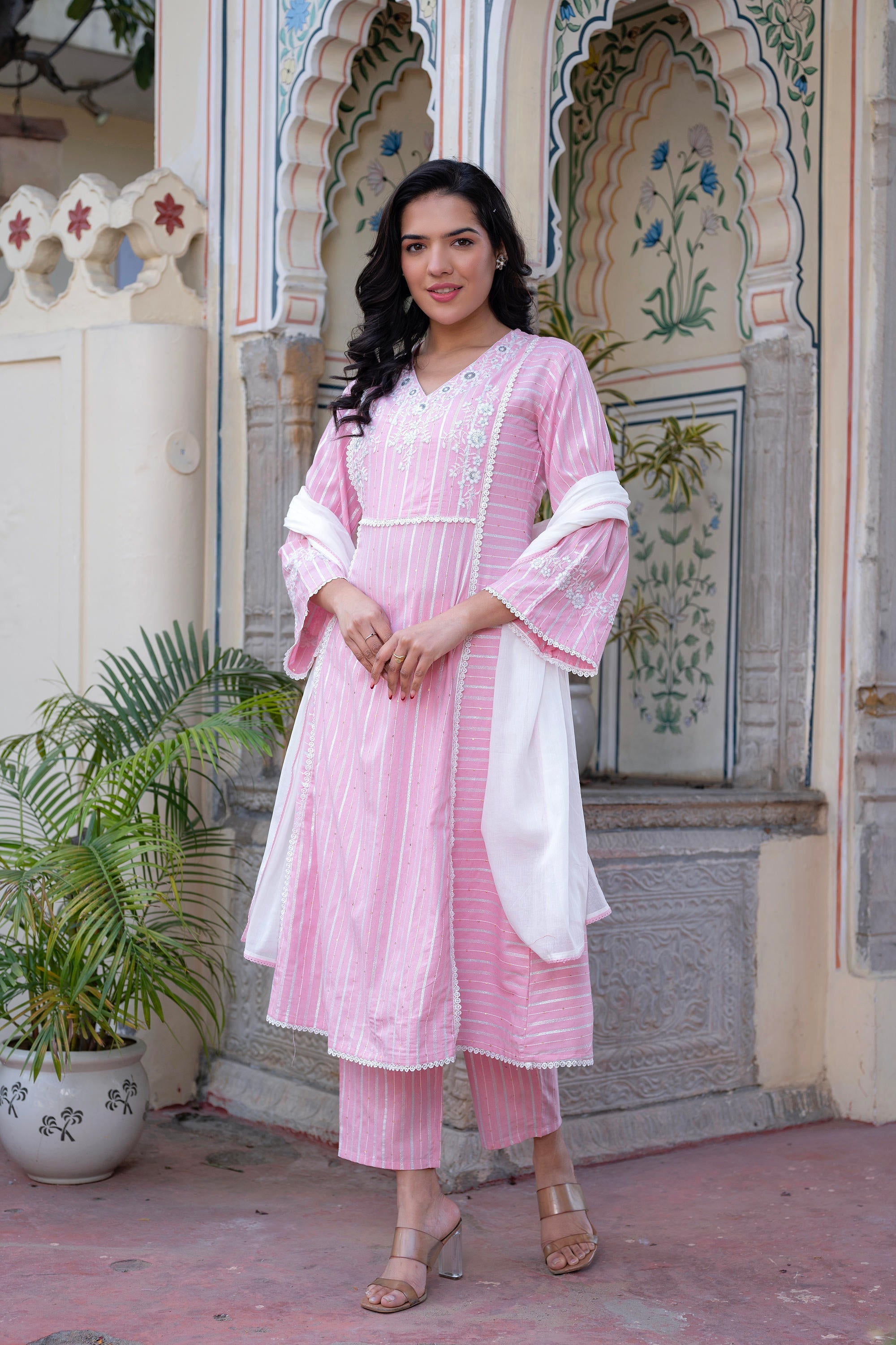 Juniper Pink Brocade Embroidered Kurta-Palazzo & Dupatta Set with Thread Work, Cotton Lace & Sequins | Grocsy