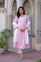 Juniper Pink Brocade Embroidered Kurta-Palazzo & Dupatta Set with Thread Work, Cotton Lace & Sequins | Grocsy