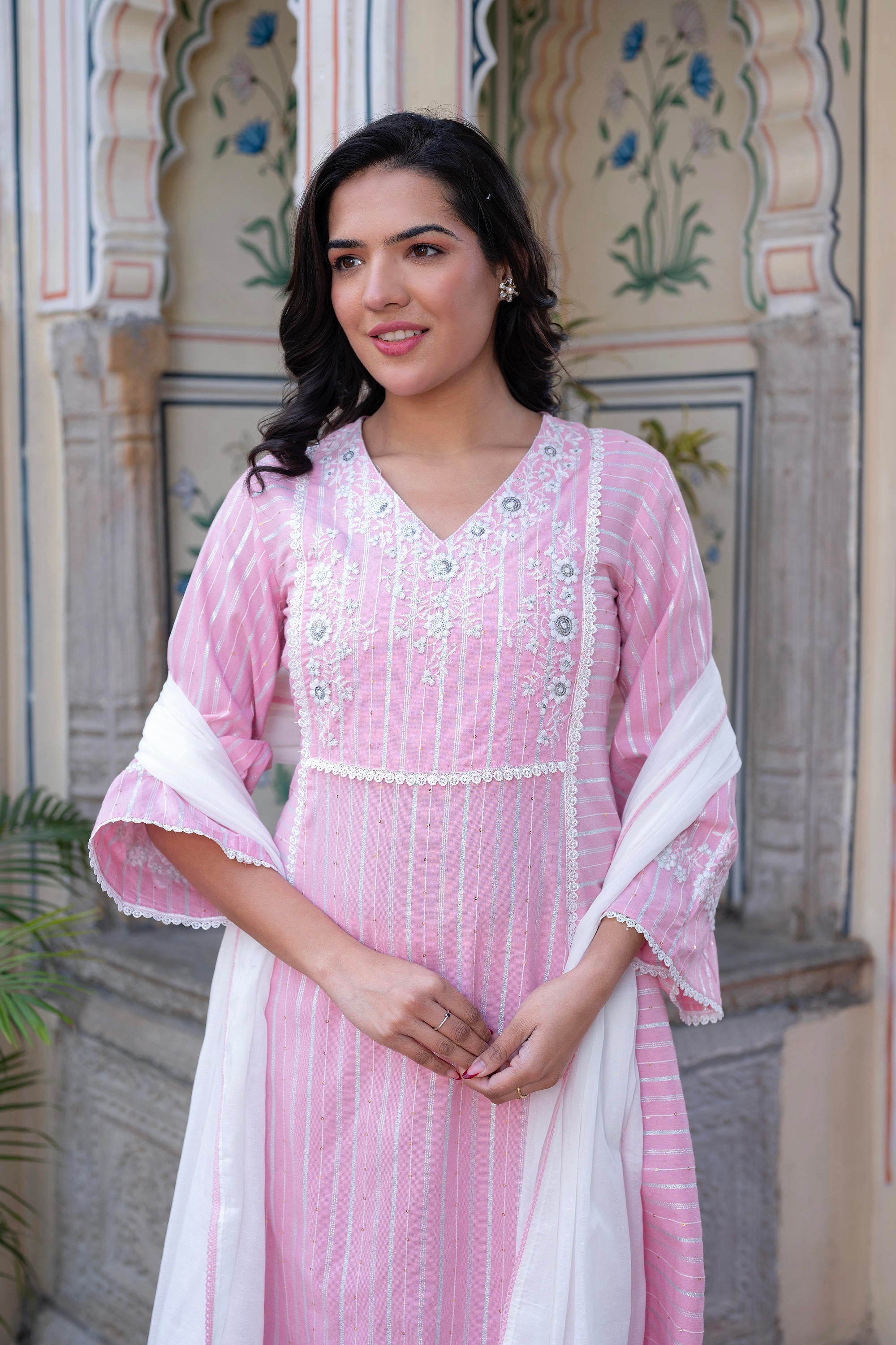 Juniper Pink Brocade Embroidered Kurta-Palazzo & Dupatta Set with Thread Work, Cotton Lace & Sequins | Grocsy