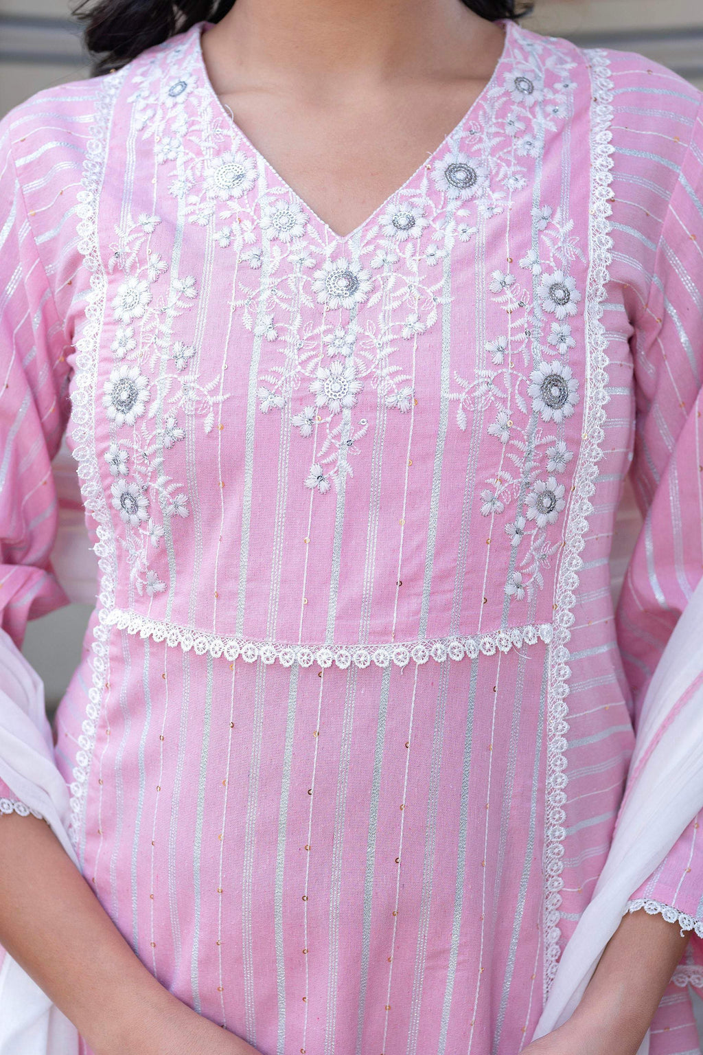 Juniper Pink Brocade Embroidered Kurta-Palazzo & Dupatta Set with Thread Work, Cotton Lace & Sequins | Grocsy