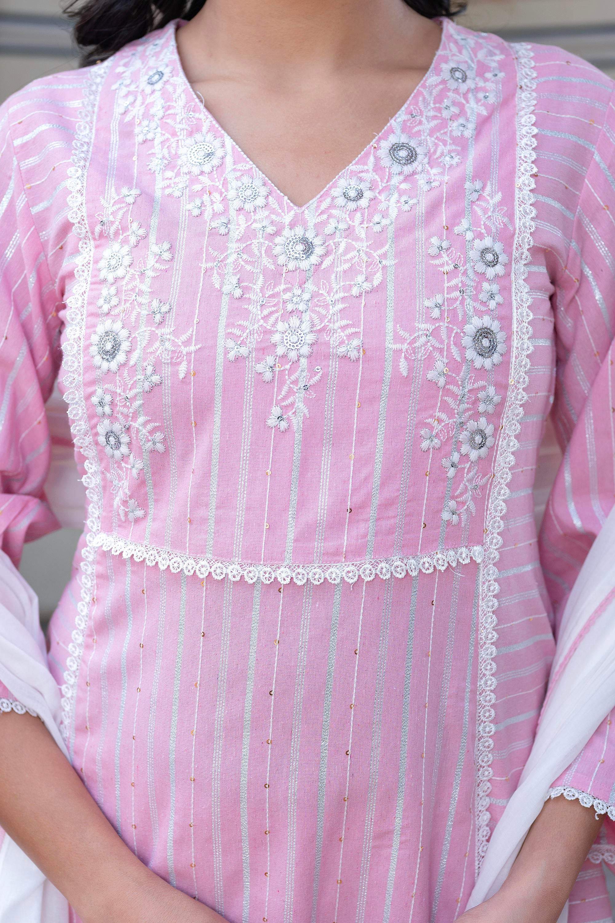 Juniper Pink Brocade Embroidered Kurta-Palazzo & Dupatta Set with Thread Work, Cotton Lace & Sequins | Grocsy