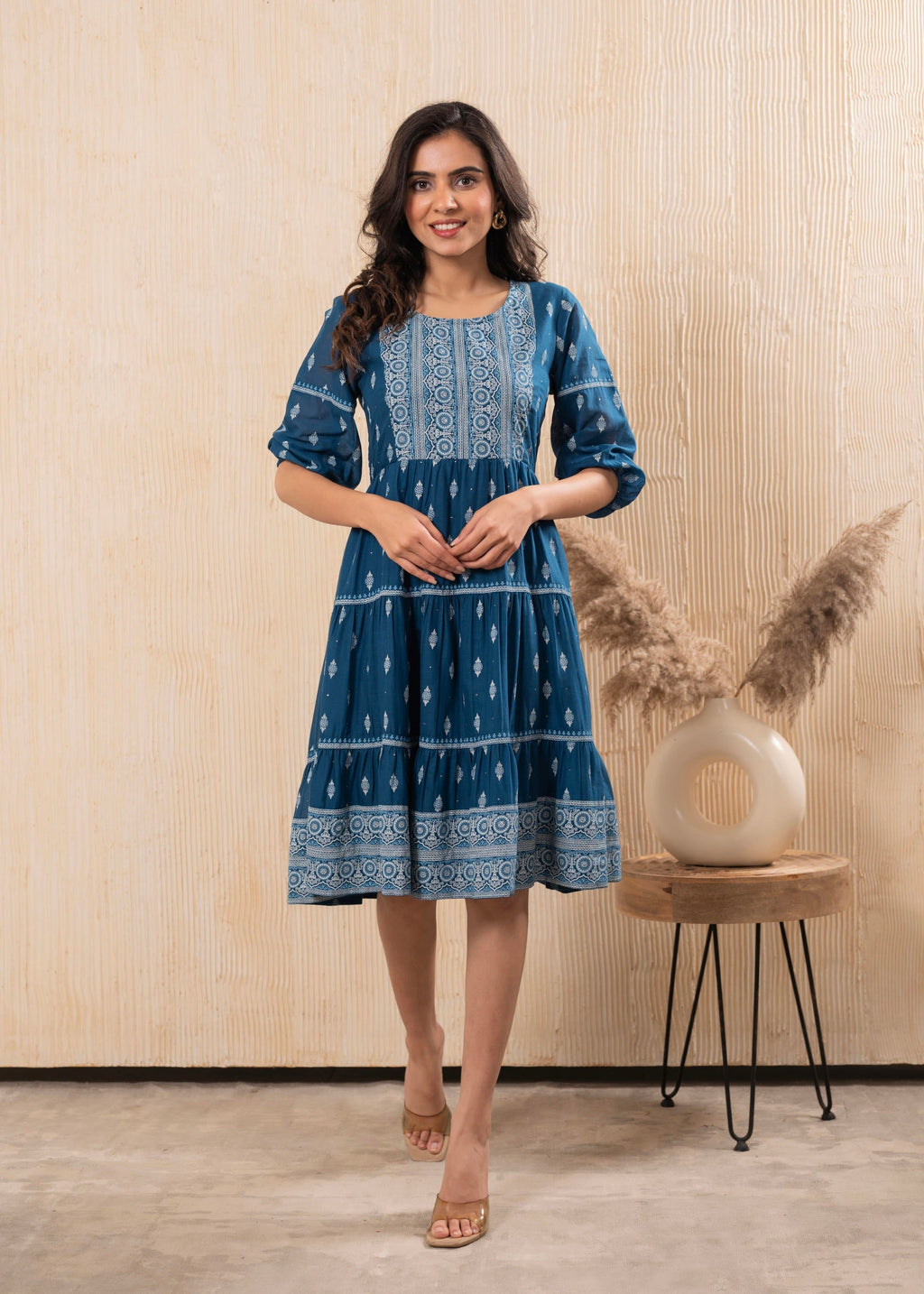 Juniper Indigo Blue Printed Boho Knee-Length Fit & Flare Dress | Grocsy