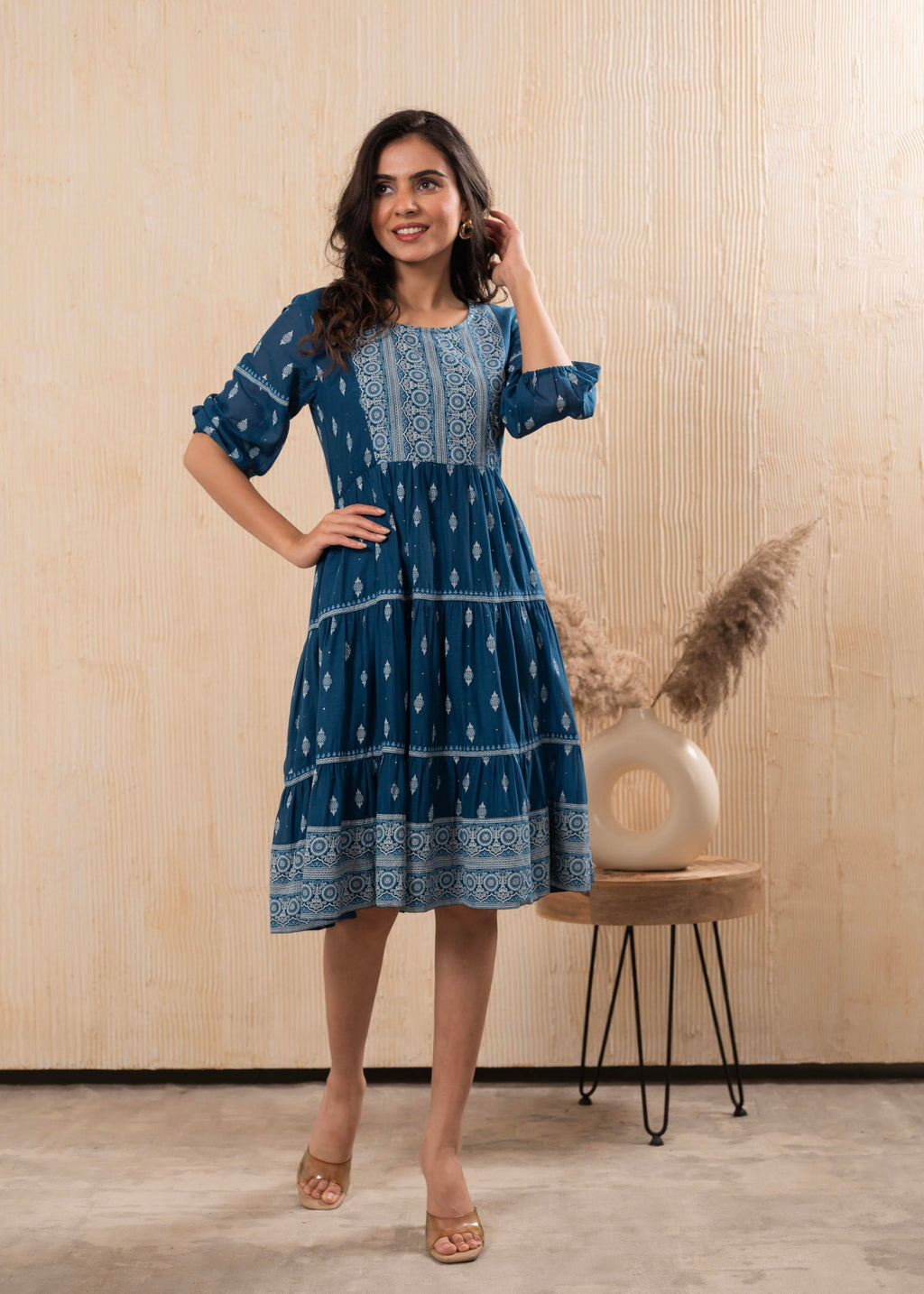 Juniper Indigo Blue Printed Boho Knee-Length Fit & Flare Dress | Grocsy
