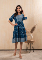 Juniper Indigo Blue Printed Boho Knee-Length Fit & Flare Dress | Grocsy