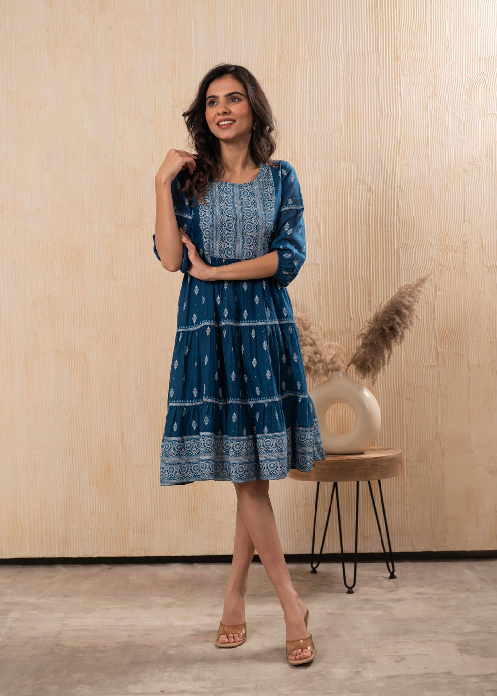 Juniper Indigo Blue Printed Boho Knee-Length Fit & Flare Dress | Grocsy