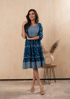 Juniper Indigo Blue Printed Boho Knee-Length Fit & Flare Dress | Grocsy