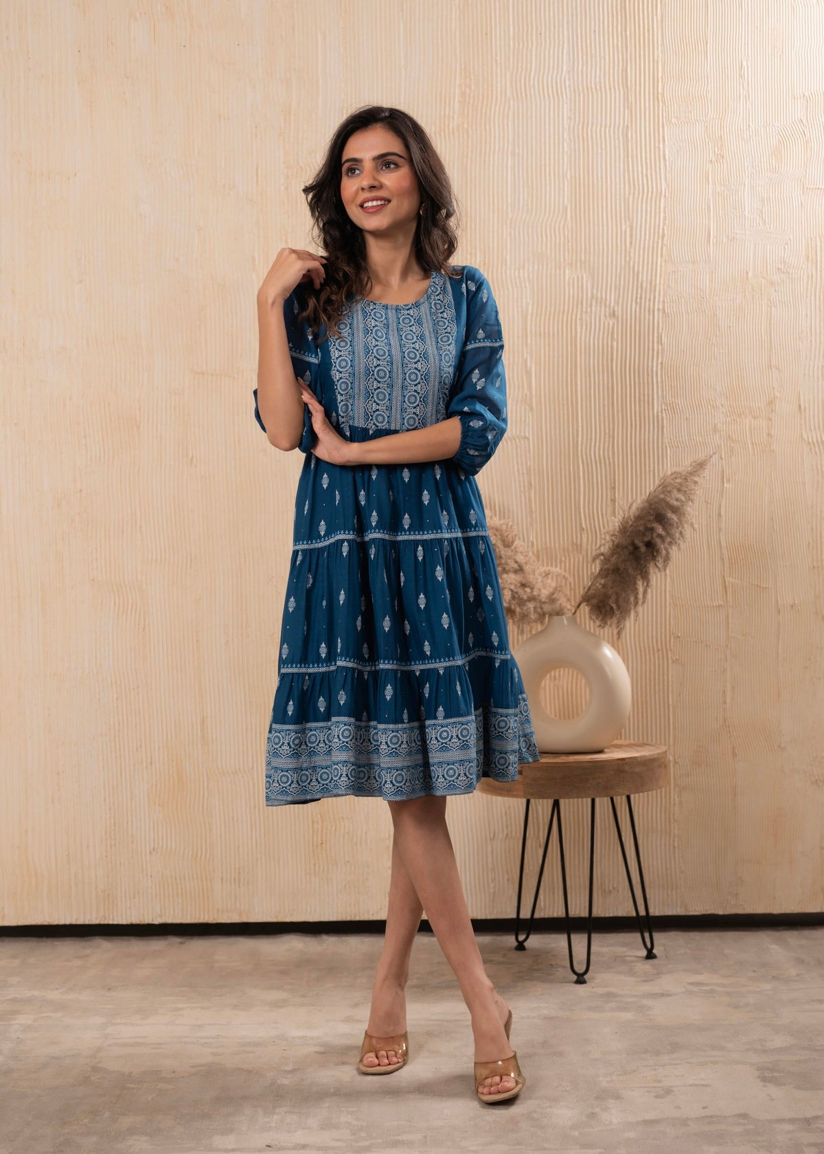 Juniper Indigo Blue Printed Boho Knee-Length Fit & Flare Dress | Grocsy
