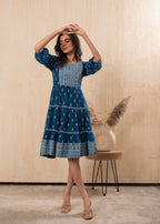 Juniper Indigo Blue Printed Boho Knee-Length Fit & Flare Dress | Grocsy