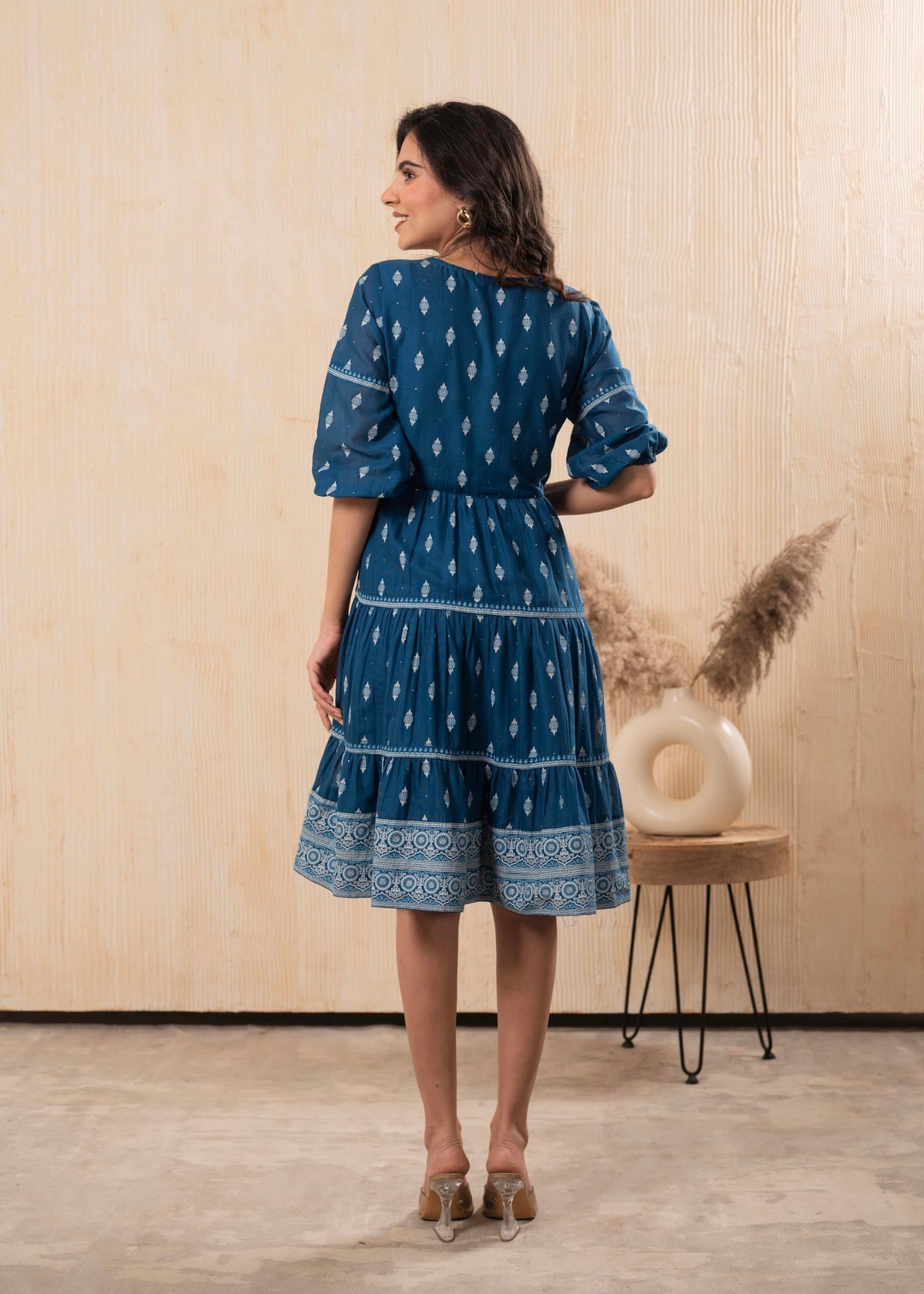 Juniper Indigo Blue Printed Boho Knee-Length Fit & Flare Dress | Grocsy