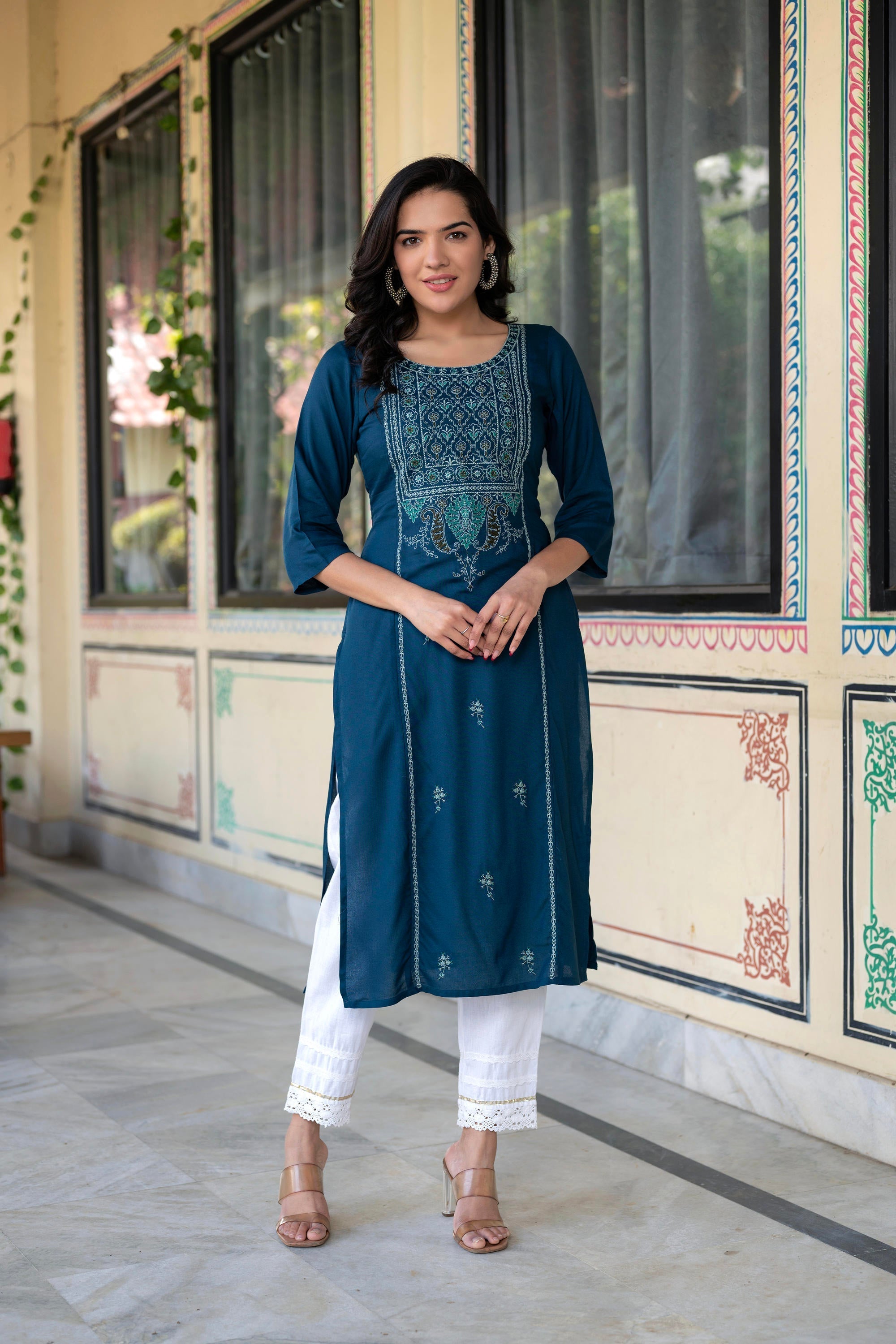 Juniper Blue Viscose Geometric Printed Kurta with Ethnic Motifs & Thread Work | Grocsy