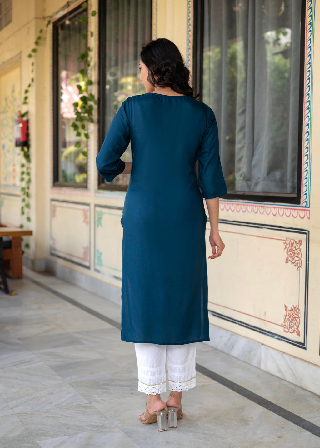 Juniper Blue Viscose Geometric Printed Kurta with Ethnic Motifs & Thread Work | Grocsy