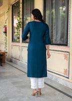 Juniper Blue Viscose Geometric Printed Kurta with Ethnic Motifs & Thread Work | Grocsy