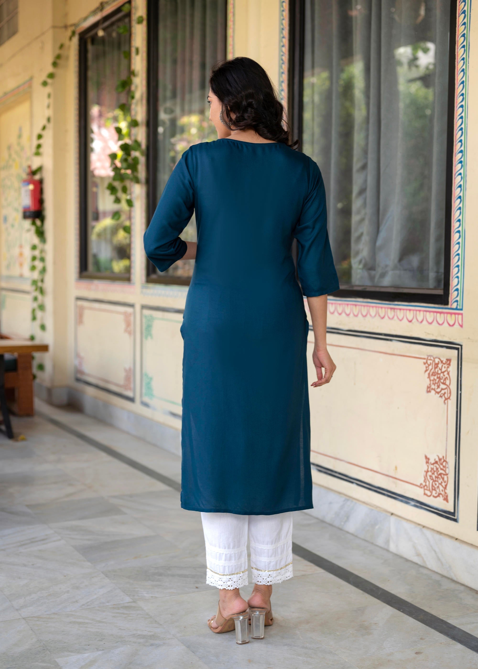 Juniper Blue Viscose Geometric Printed Kurta with Ethnic Motifs & Thread Work | Grocsy