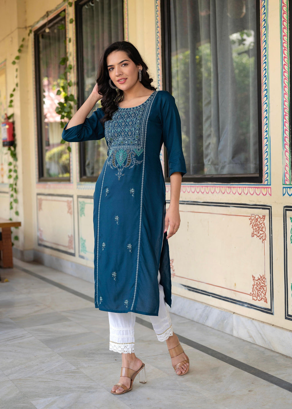 Juniper Blue Viscose Geometric Printed Kurta with Ethnic Motifs & Thread Work | Grocsy